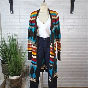 Steven Edwards Colorful Southwestern Longline Open Cardigan Sweater Medium
